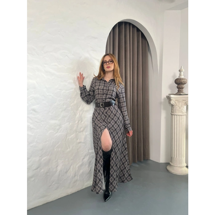 Kemer Detaylı Ekose Gömlek Elbise Füme