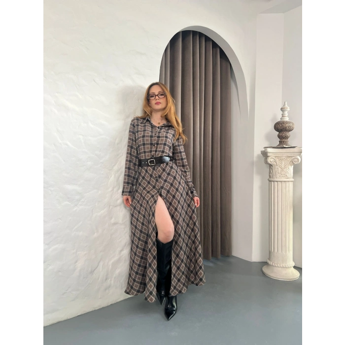 Kemer Detaylı Ekose Gömlek Elbise Kahve