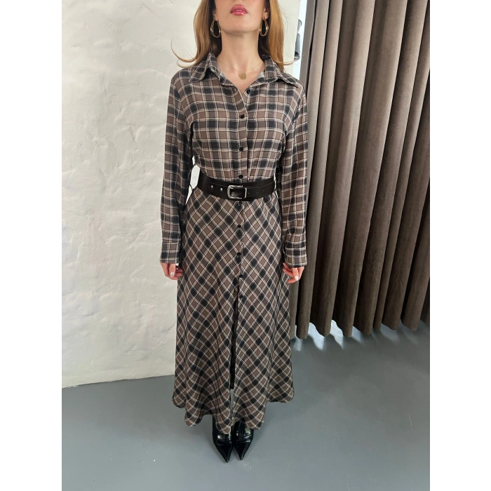 Kemer Detaylı Ekose Gömlek Elbise Kahve
