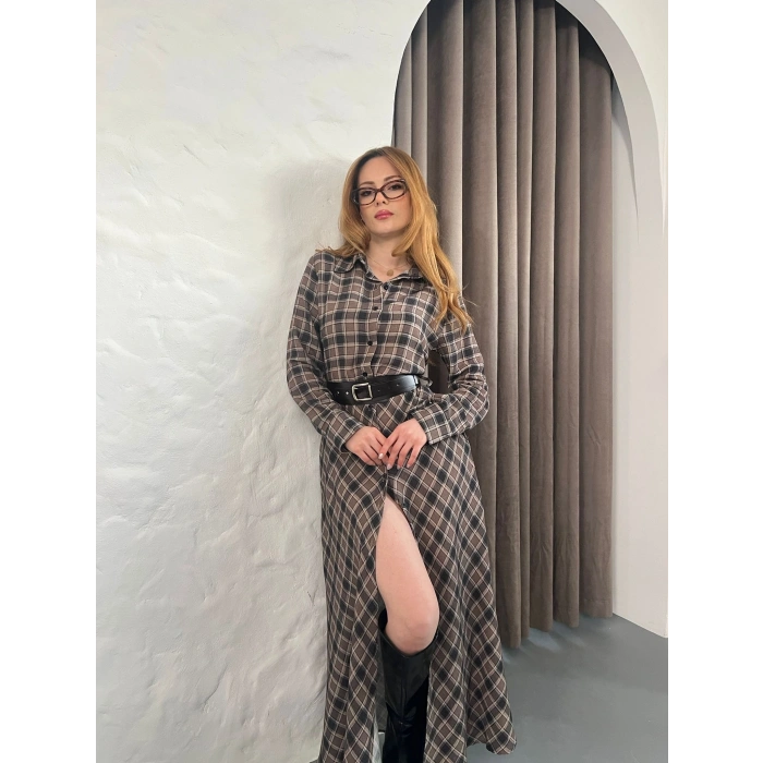 Kemer Detaylı Ekose Gömlek Elbise Kahve