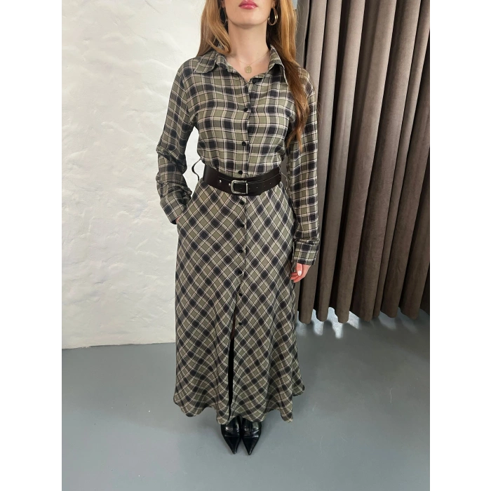 Kemer Detaylı Ekose Gömlek Elbise Yeşil