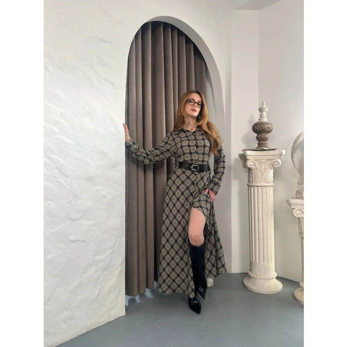 Kemer Detaylı Ekose Gömlek Elbise Yeşil