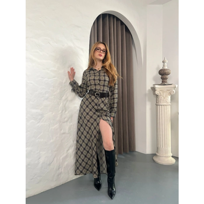 Kemer Detaylı Ekose Gömlek Elbise Yeşil