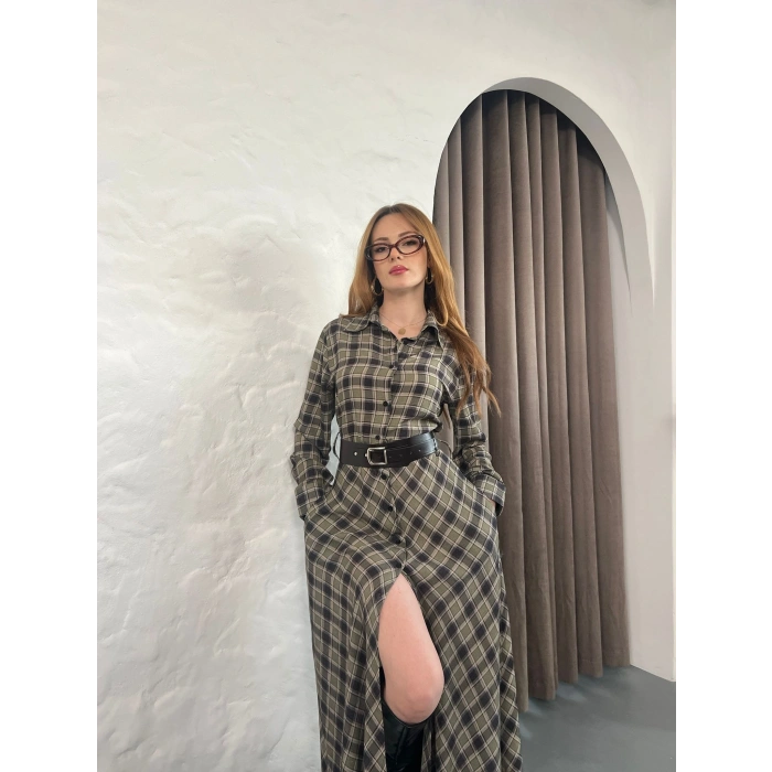 Kemer Detaylı Ekose Gömlek Elbise Yeşil