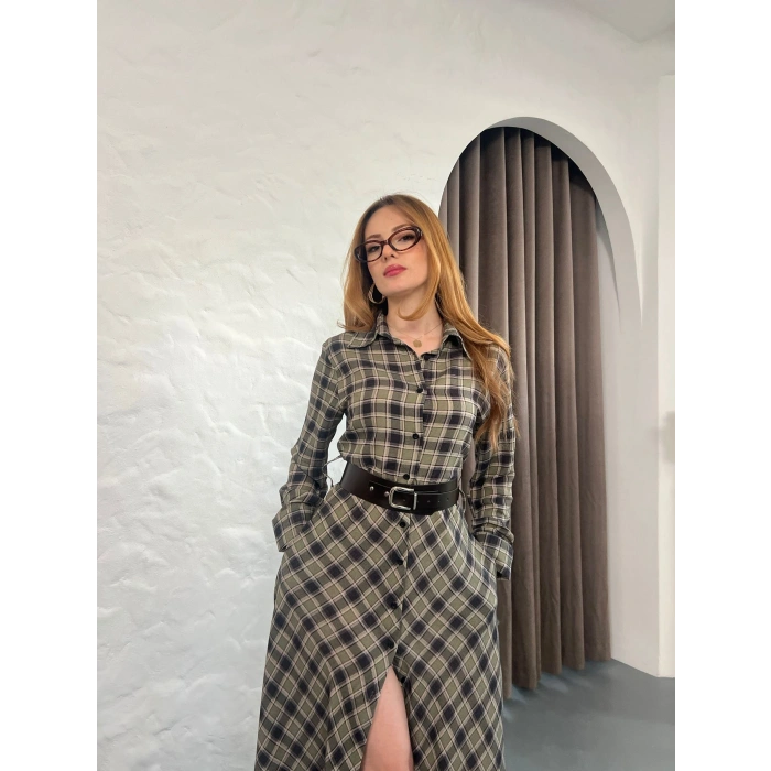 Kemer Detaylı Ekose Gömlek Elbise Yeşil