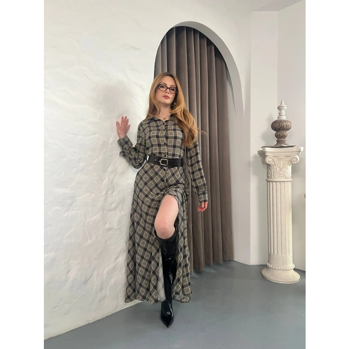 Kemer Detaylı Ekose Gömlek Elbise Yeşil