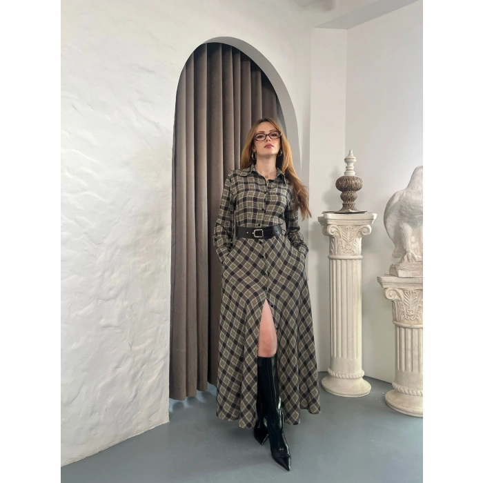 Kemer Detaylı Ekose Gömlek Elbise Yeşil