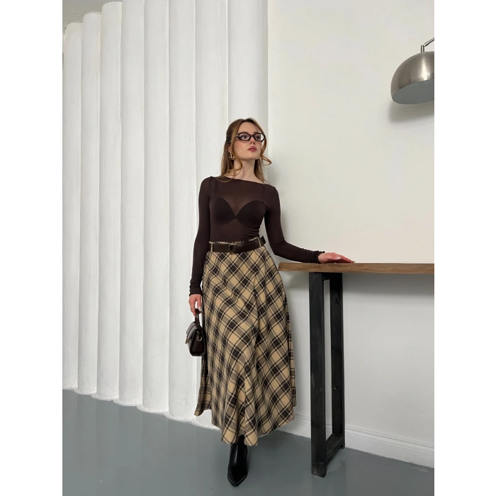 Kemer Detaylı Ekose Uzun Etek Bej