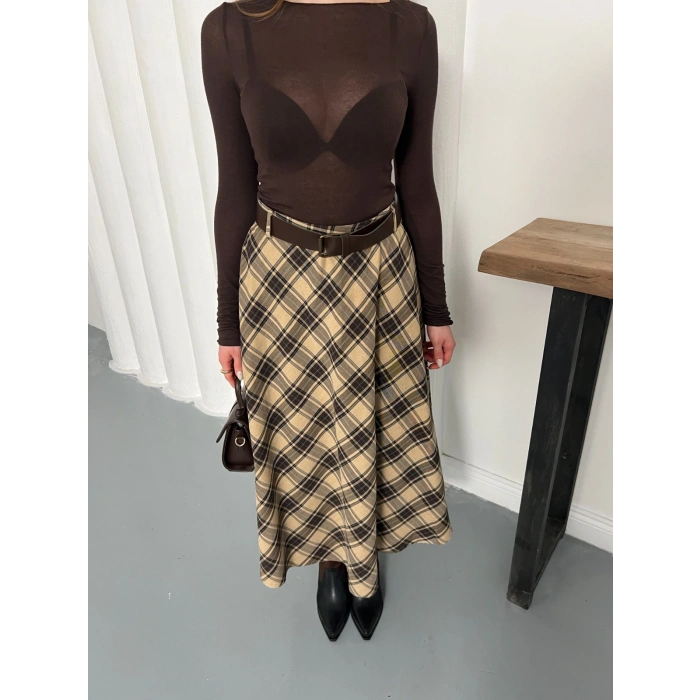 Kemer Detaylı Ekose Uzun Etek Bej