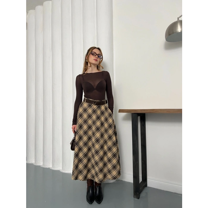 Kemer Detaylı Ekose Uzun Etek Bej