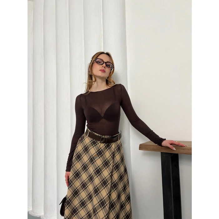 Kemer Detaylı Ekose Uzun Etek Bej