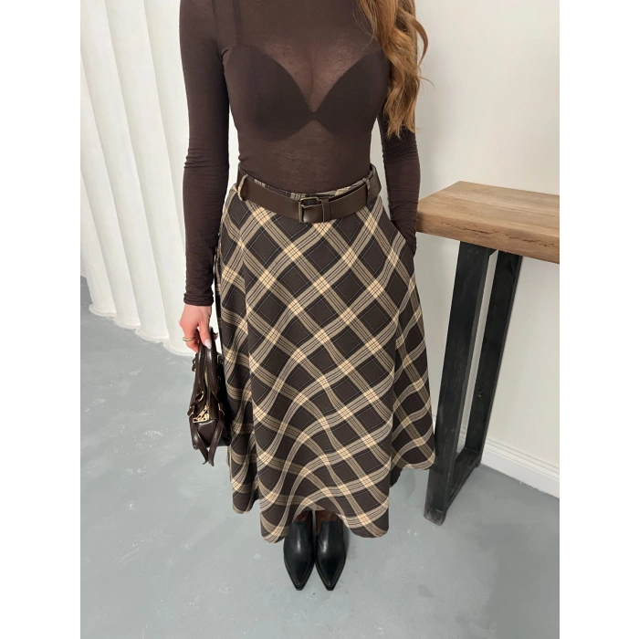 Kemer Detaylı Ekose Uzun Etek Bej