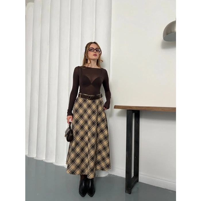 Kemer Detaylı Ekose Uzun Etek Bej