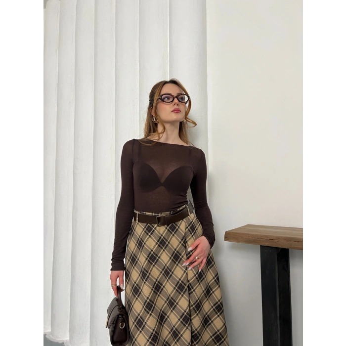 Kemer Detaylı Ekose Uzun Etek Bej