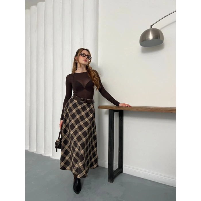 Kemer Detaylı Ekose Uzun Etek Kahve