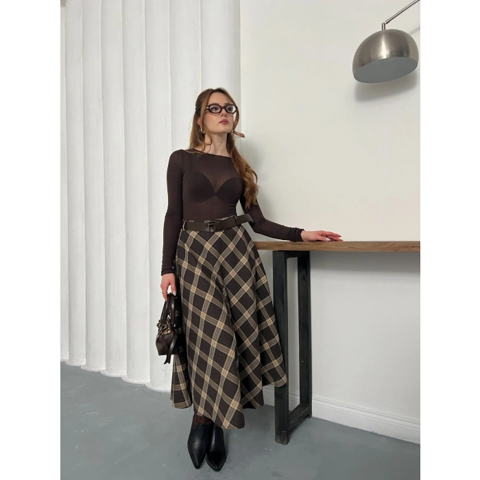 Kemer Detaylı Ekose Uzun Etek Kahve