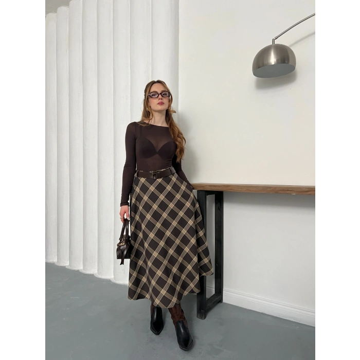 Kemer Detaylı Ekose Uzun Etek Kahve