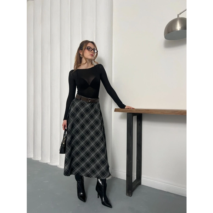 Kemer Detaylı Ekose Uzun Etek Siyah