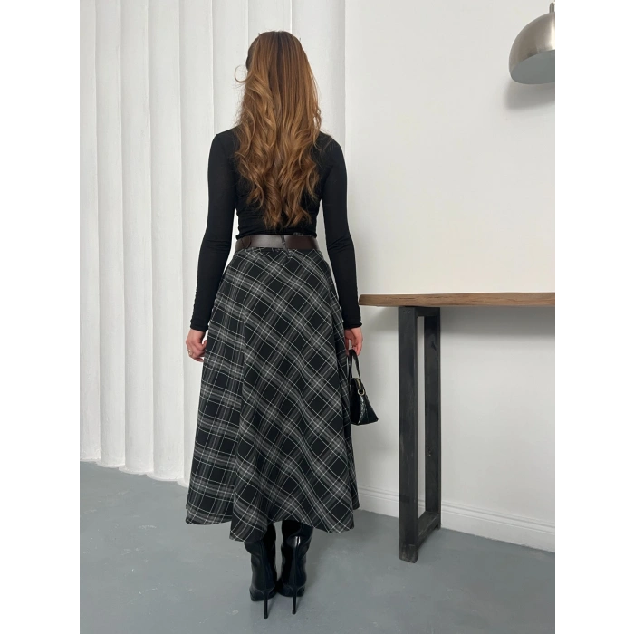 Kemer Detaylı Ekose Uzun Etek Siyah