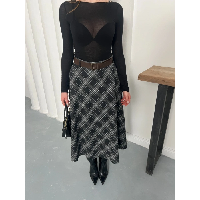 Kemer Detaylı Ekose Uzun Etek Siyah
