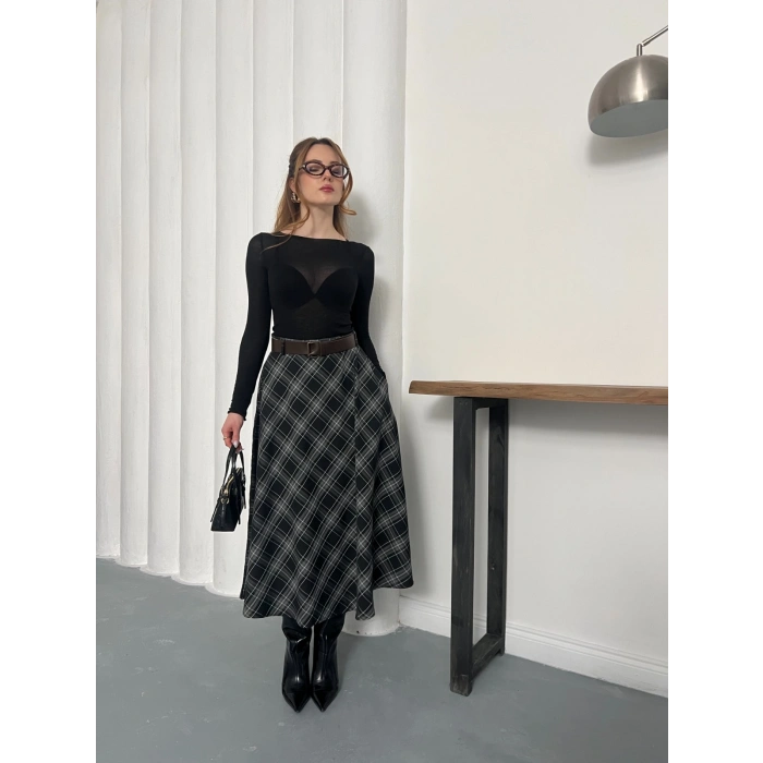Kemer Detaylı Ekose Uzun Etek Siyah