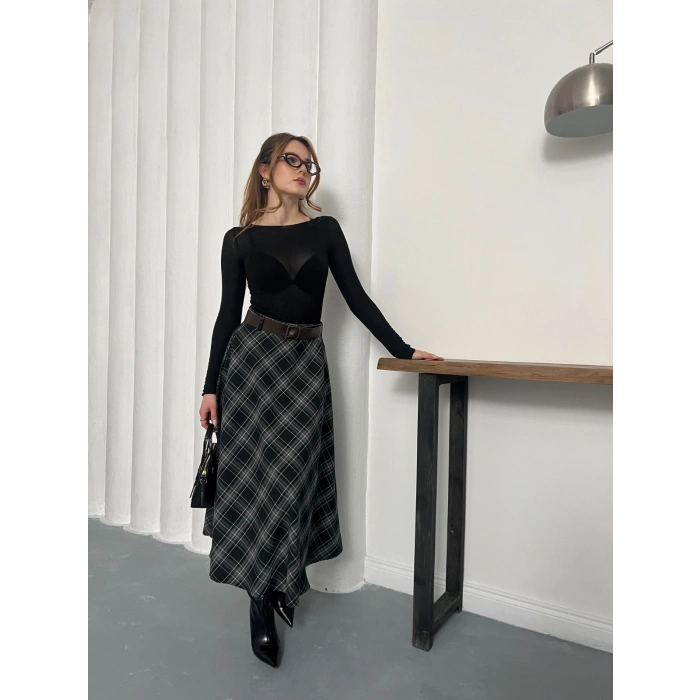 Kemer Detaylı Ekose Uzun Etek Siyah