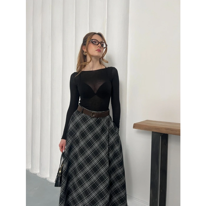 Kemer Detaylı Ekose Uzun Etek Siyah