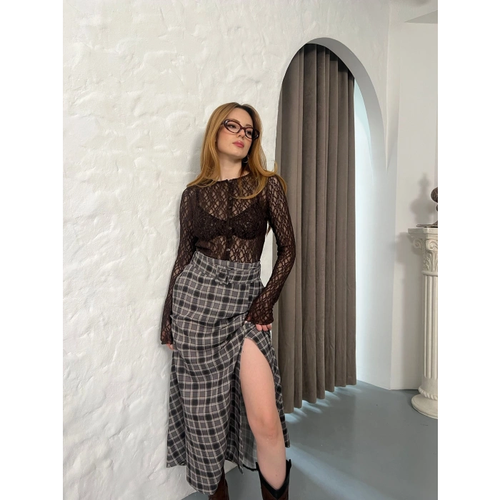 Kemer Detaylı Ekose Yırtmaçlı Etek Antrasit