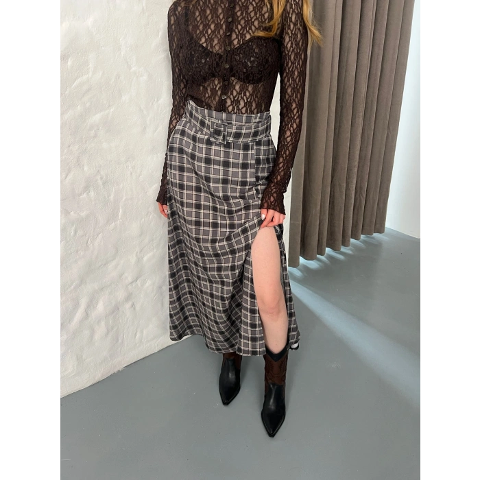 Kemer Detaylı Ekose Yırtmaçlı Etek Antrasit