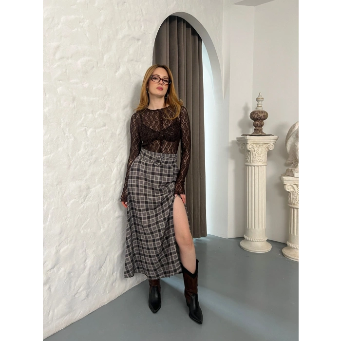 Kemer Detaylı Ekose Yırtmaçlı Etek Antrasit