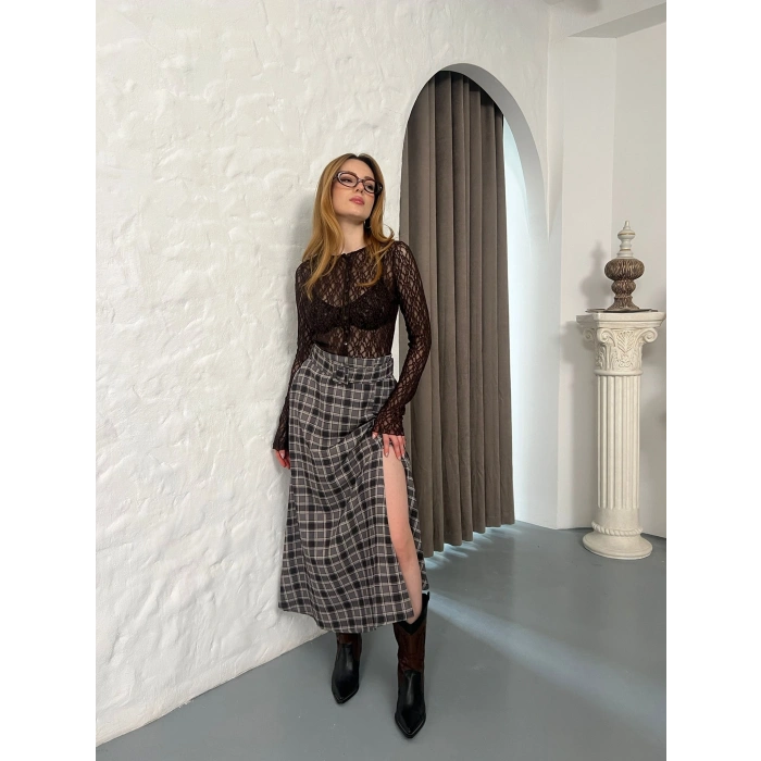 Kemer Detaylı Ekose Yırtmaçlı Etek Antrasit