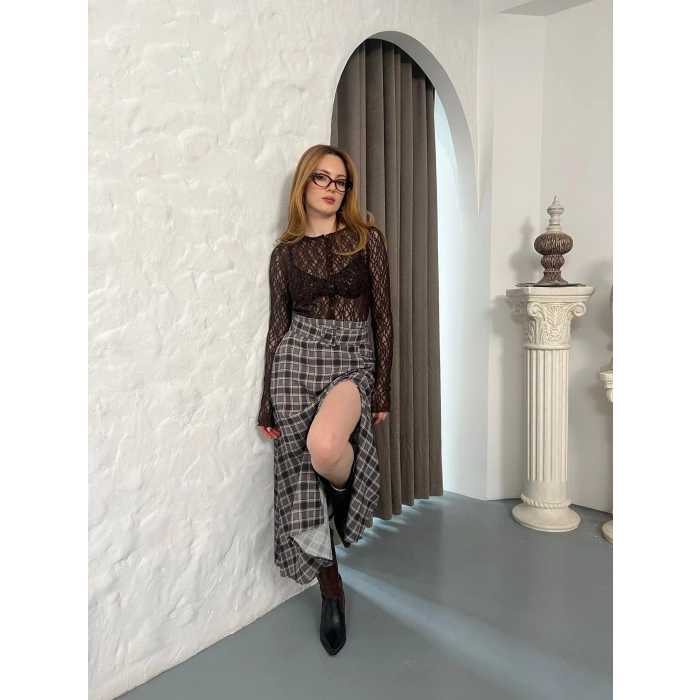 Kemer Detaylı Ekose Yırtmaçlı Etek Antrasit