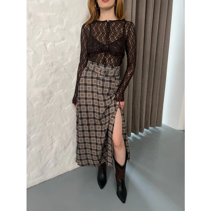 Kemer Detaylı Ekose Yırtmaçlı Etek Kahve