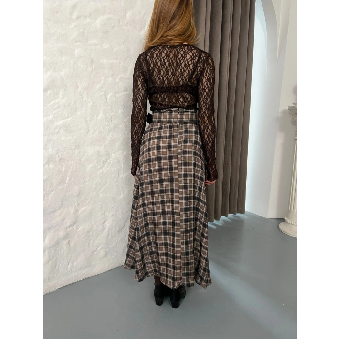 Kemer Detaylı Ekose Yırtmaçlı Etek Kahve