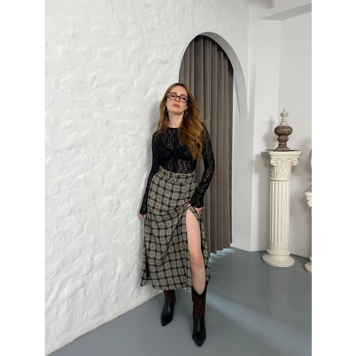 Kemer Detaylı Ekose Yırtmaçlı Etek Yeşil