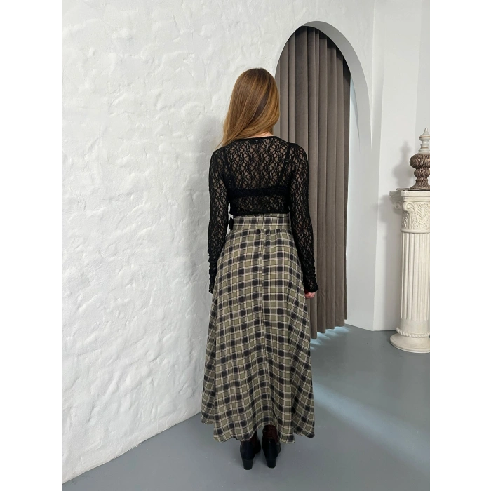 Kemer Detaylı Ekose Yırtmaçlı Etek Yeşil