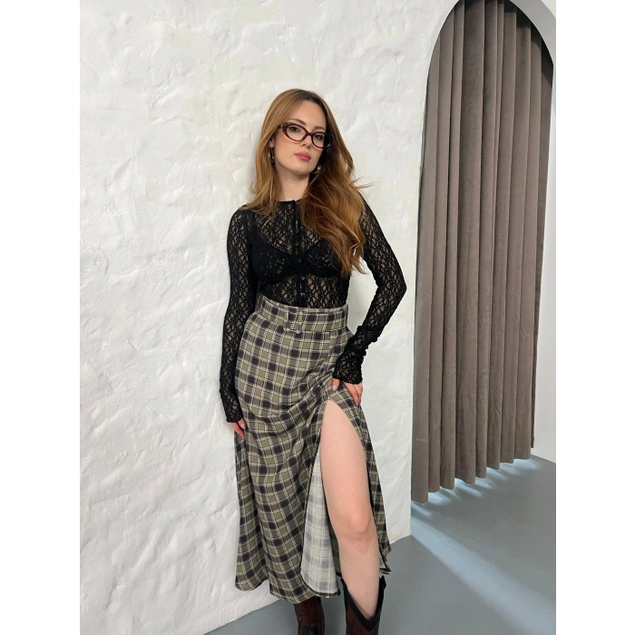 Kemer Detaylı Ekose Yırtmaçlı Etek Yeşil