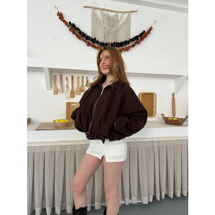 Kemer Detaylı Fermuarlı Kısa Kaşe Ceket Acı Kahve