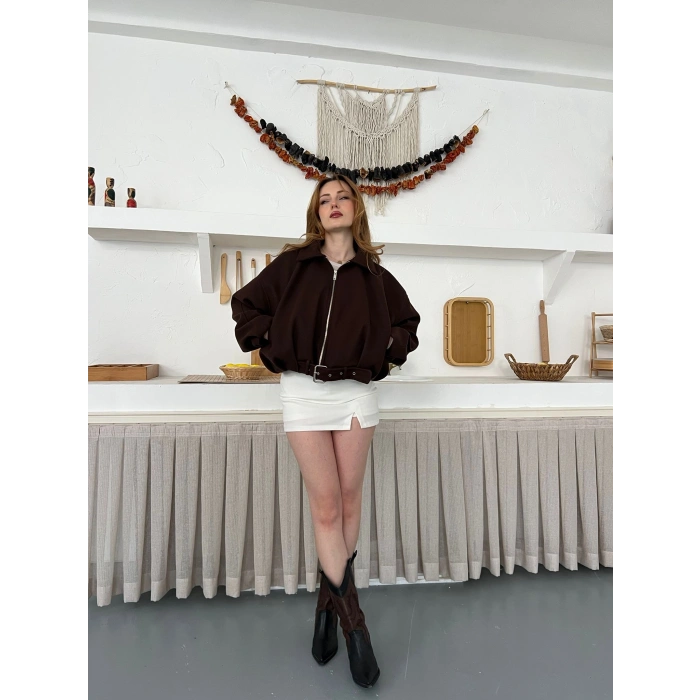 Kemer Detaylı Fermuarlı Kısa Kaşe Ceket Acı Kahve