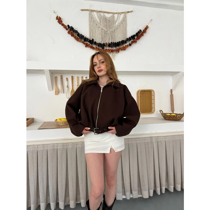 Kemer Detaylı Fermuarlı Kısa Kaşe Ceket Acı Kahve