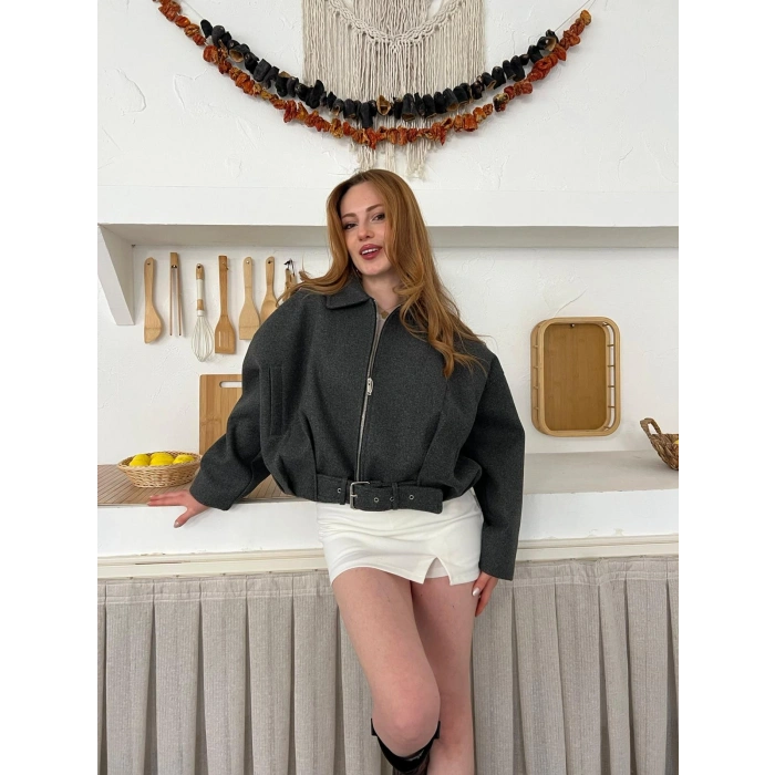 Kemer Detaylı Fermuarlı Kısa Kaşe Ceket Antrasit