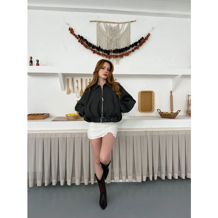 Kemer Detaylı Fermuarlı Kısa Kaşe Ceket Antrasit