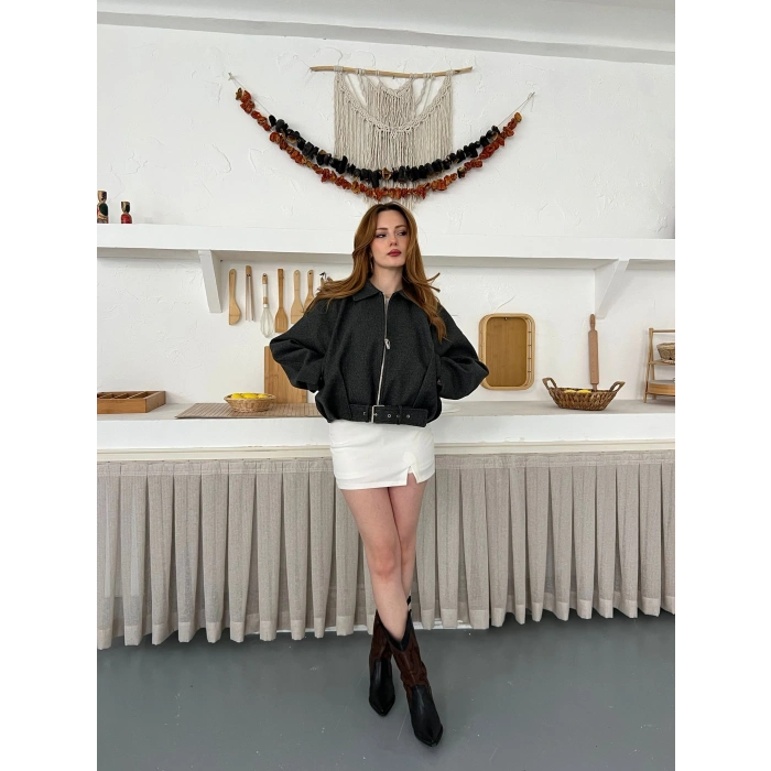 Kemer Detaylı Fermuarlı Kısa Kaşe Ceket Antrasit