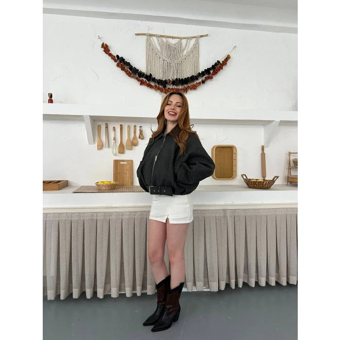 Kemer Detaylı Fermuarlı Kısa Kaşe Ceket Antrasit