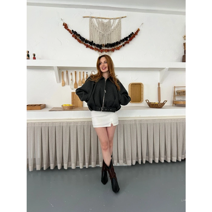 Kemer Detaylı Fermuarlı Kısa Kaşe Ceket Antrasit