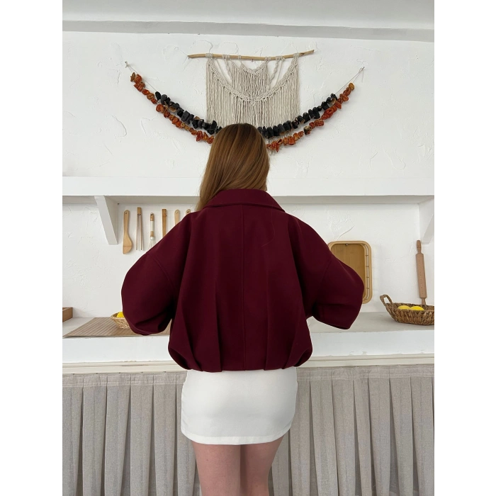Kemer Detaylı Fermuarlı Kısa Kaşe Ceket Bordo