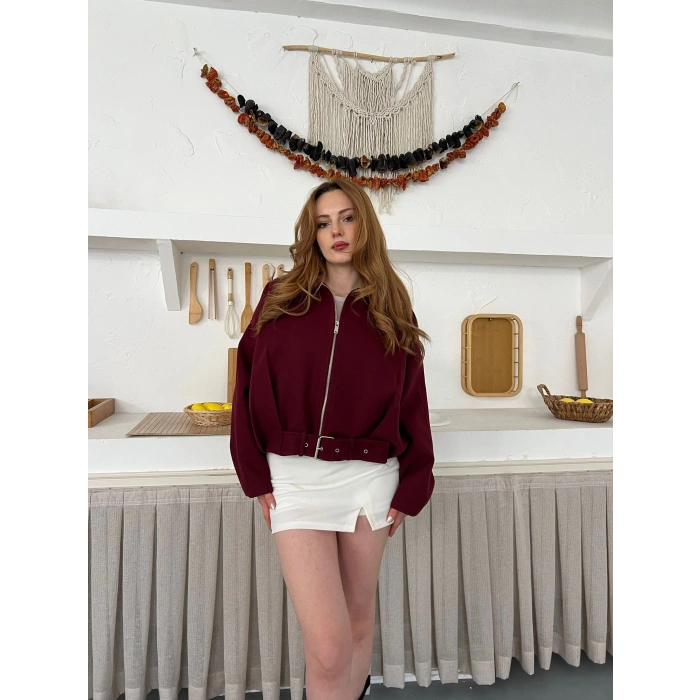 Kemer Detaylı Fermuarlı Kısa Kaşe Ceket Bordo