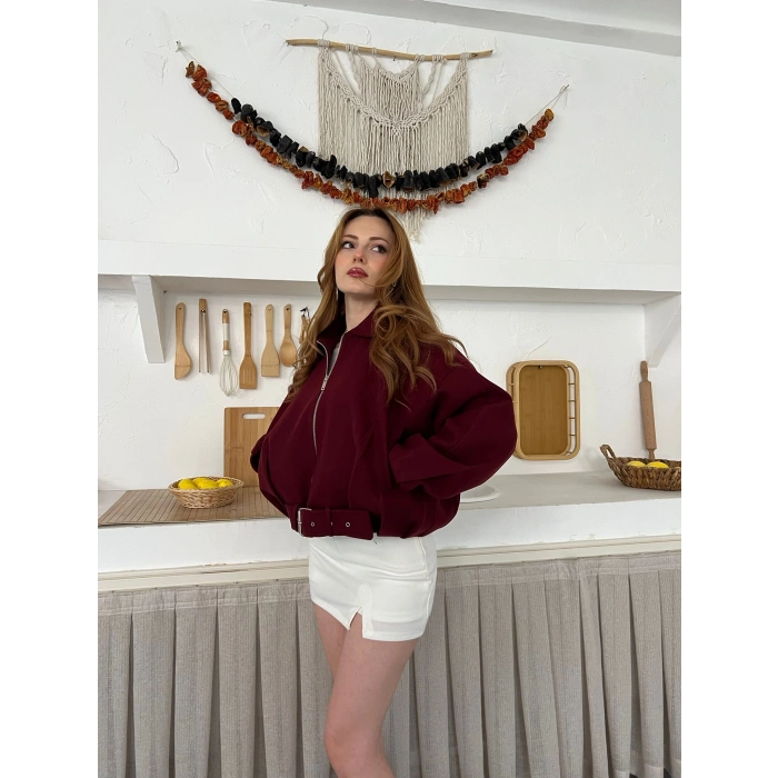 Kemer Detaylı Fermuarlı Kısa Kaşe Ceket Bordo