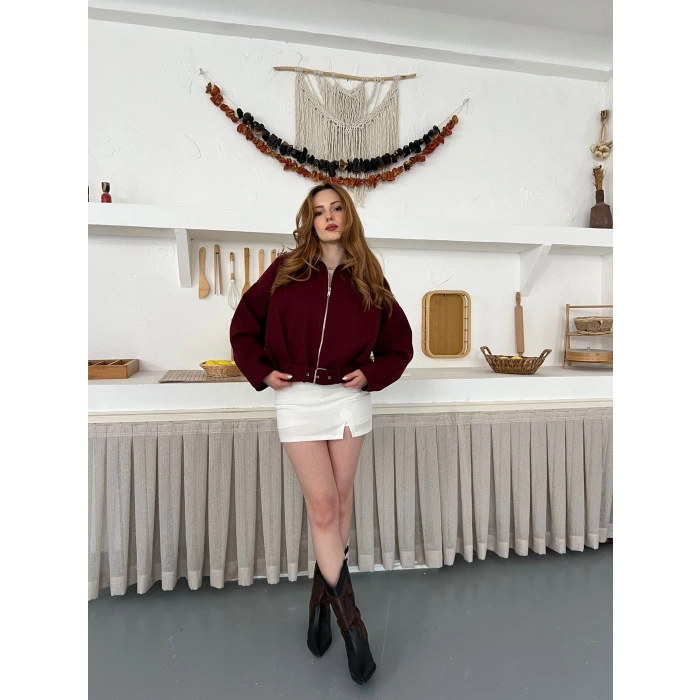 Kemer Detaylı Fermuarlı Kısa Kaşe Ceket Bordo