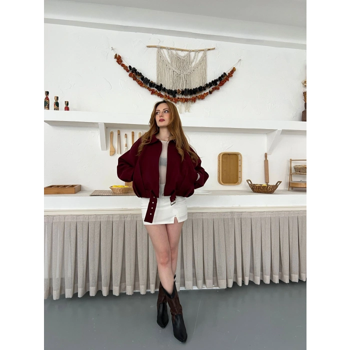 Kemer Detaylı Fermuarlı Kısa Kaşe Ceket Bordo